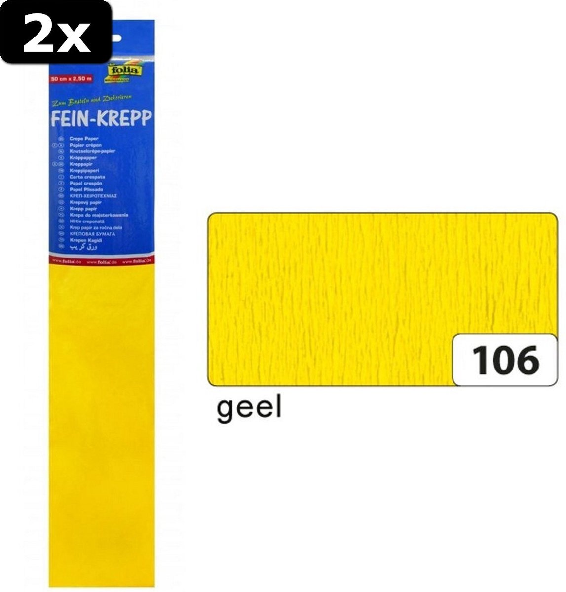 2x Folia FO-822106 Crepepapier 50cmx2,5m Krimp à 10 Vouw Geel