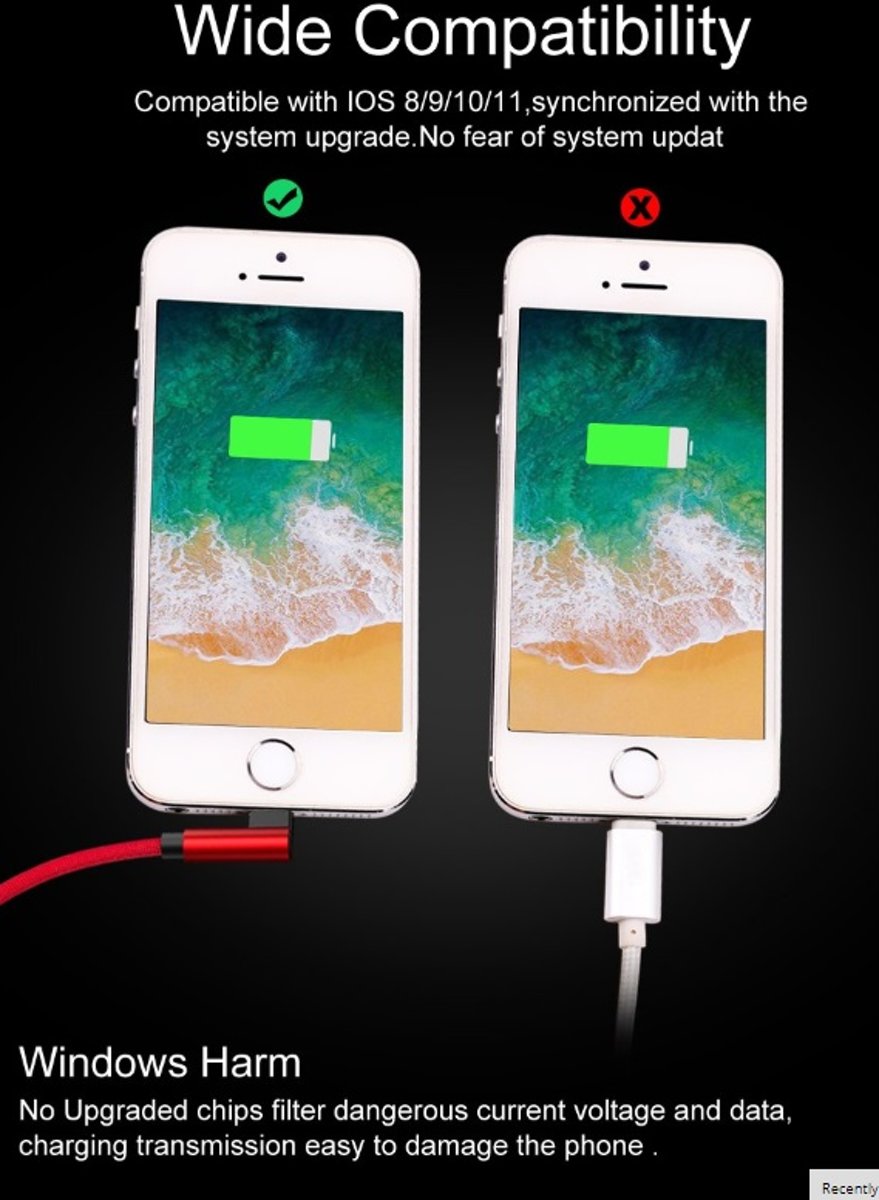 Buigkabel voor iPhone X USB 90 graden 2A Snel opladen USB-kabel voor iPhone 8 plus 7 plus 6 5 5s laadkabel