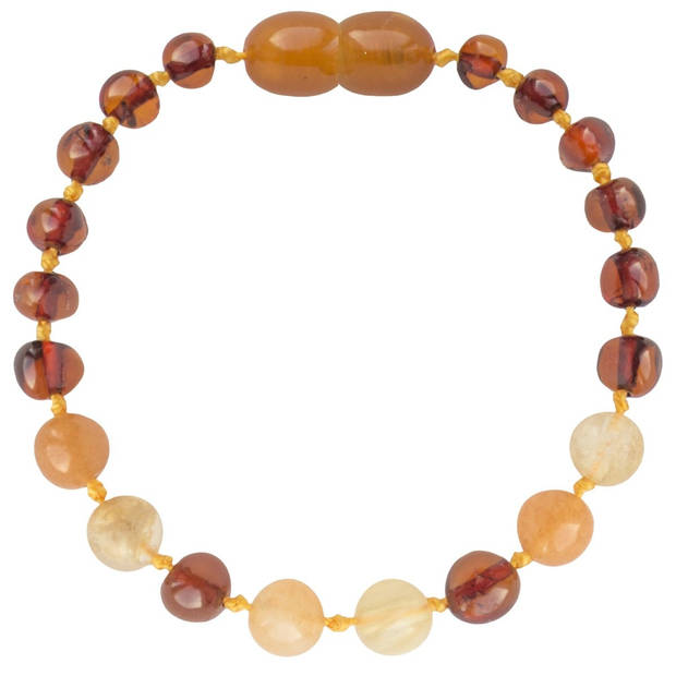 Wild Sun Barnsteen Armband Kind - Amber Enkelbandje - Baltische Barnsteen - 16,5 cm - Cognac / Aventurijn