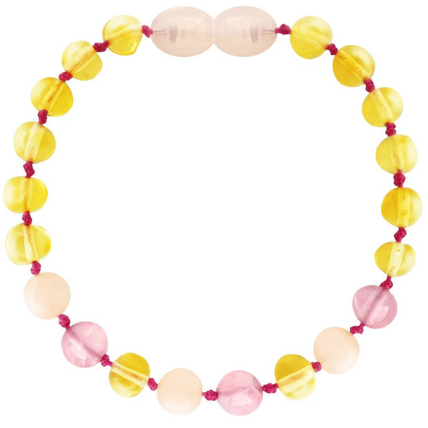 Wild Sun Barnsteen Armband Kind - Amber Enkelbandje - Baltische Barnsteen - 16,5 cm - Lemon / Rose Quartz / Pink Jade