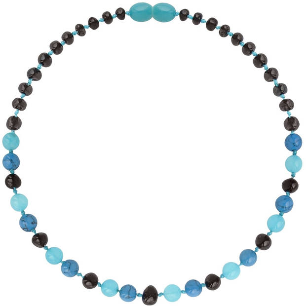 Wild Sun Barnsteen Ketting Kind - Amber Ketting - Baltische Barnsteen - 36 cm - Cherry / Turquoise / Jade