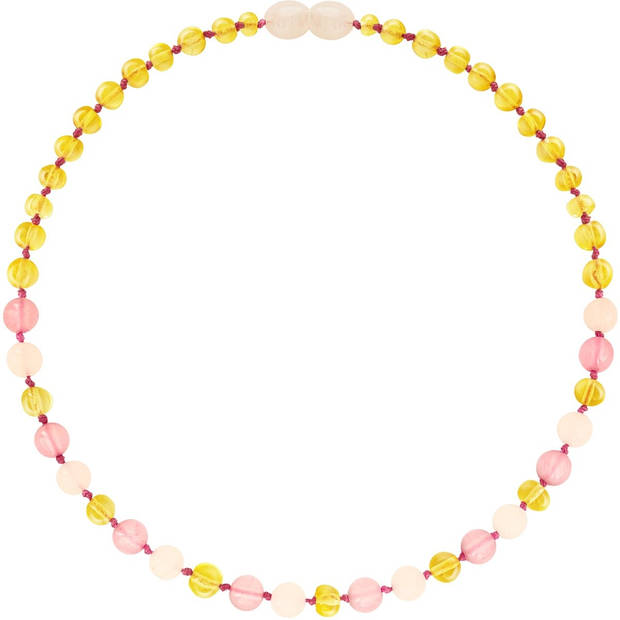 Wild Sun Barnsteen Ketting Kind - Amber Ketting - Baltische Barnsteen - 36 cm - Lemon / Rose Quartz / Pink Jade