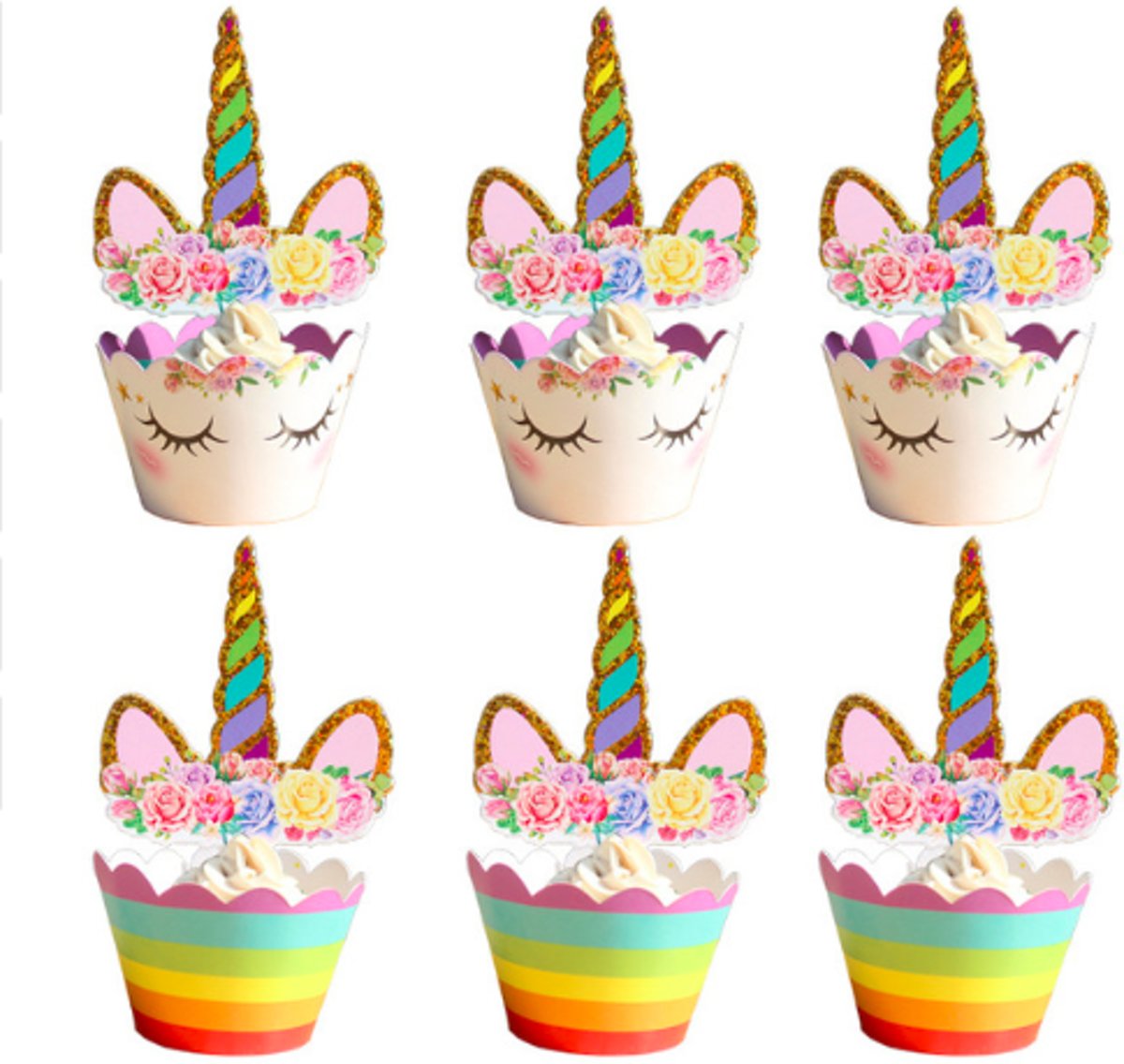 Eenhoorn unicorn cupcake toppers en cupcake wrappers - 12 sets