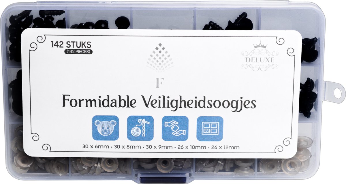 Veiligheidsoogjes - Deluxe - 142 stuks - beer oogjes - knuffel oogjes - inclusief sluitringen - Bruine sluitringen - Met Opbergdoosje -Zwart -