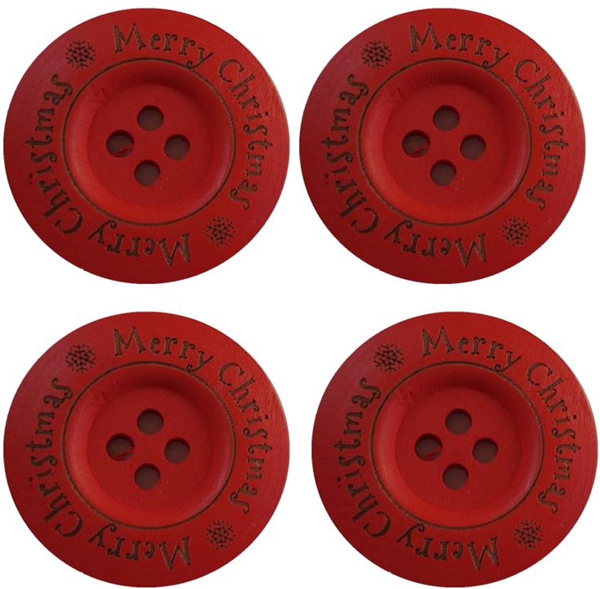 Houten Knoop - Button - Wood - Merry Christmas - 35mm - Rood - 4 stuks