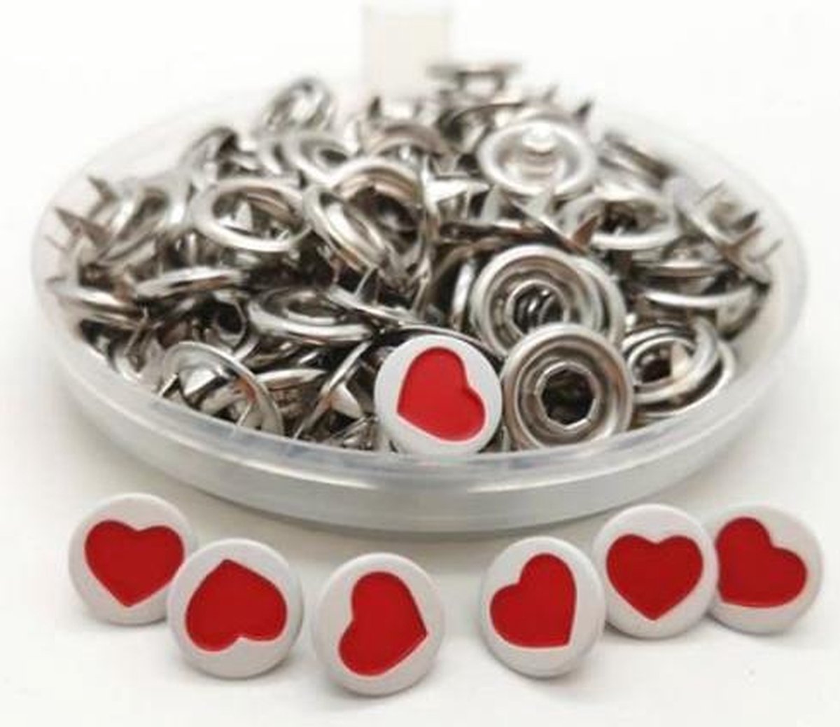 Inslag drukknopen - Wit met rood hartje - 9mm - babydrukker - 5 drukkers