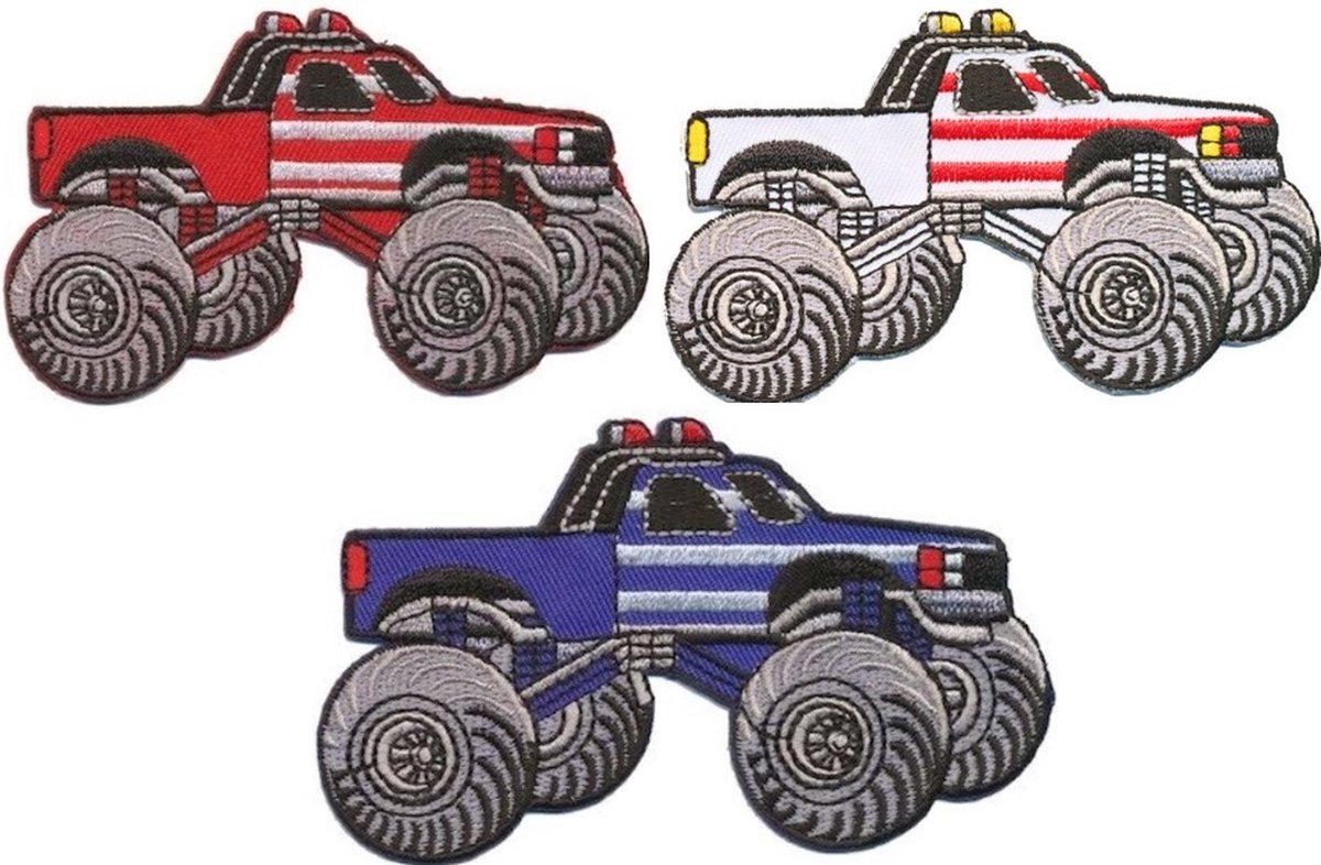 Monstertruck applicaties - 3 stuks - Strijk Embleem Patch - set van 3 - Blauw Rood Wit
