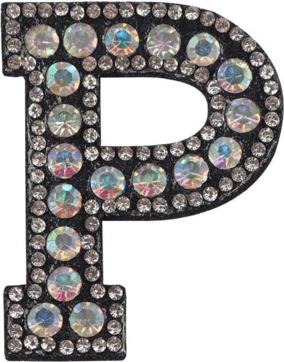 Strass Applicatie Alfabet Letter - 4,5 CM hoog - A t/m Z - Letter P - Zwart met witte stenen - Niet strijkbaar