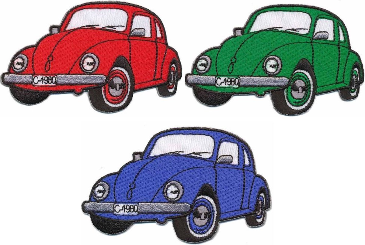 Volkswagen kever applicaties - 3 stuks - Strijk Embleem Patch - set van 3 - VW rood groen blauw - Groot 9,5 cm