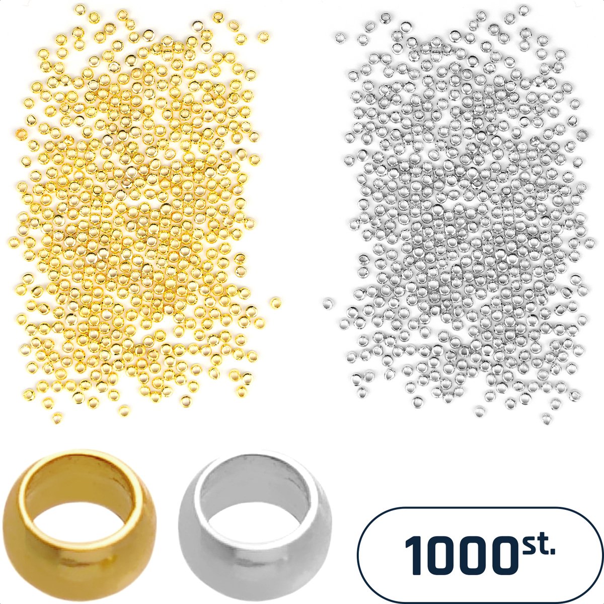 Knijpkralen voor sieraden maken met kralen – ø 2 mm – 1000 stuks – goud en zilver