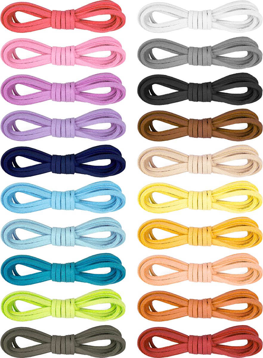 Leren koord voor sieraden maken - kunstleer - 2 mm - 20x1 m - 20 kleuren - met 100x koordklem zilverkleur