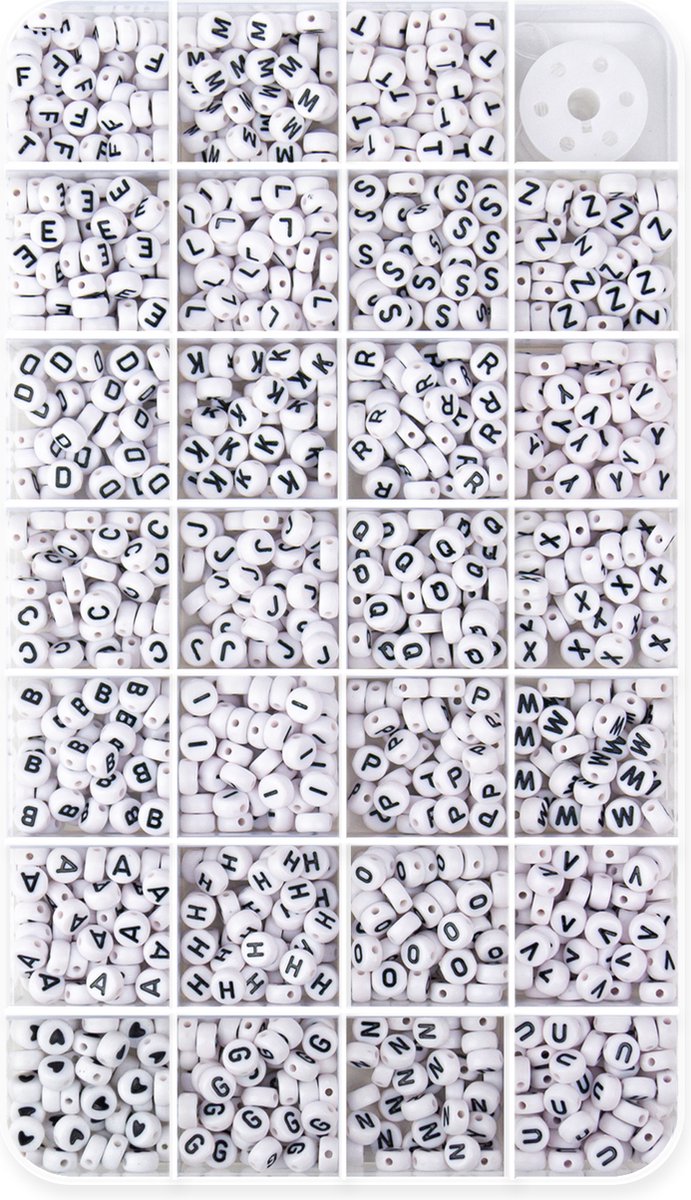 Letterkralen voor Sieraden maken - Alfabet kralen voor ketting/armband/telefoonkoord etc. - Acryl – Wit met zwarte letter - 7 mm - 1400 stuks gesorteerd
