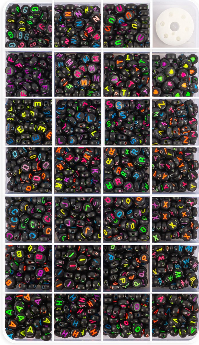 Letterkralen voor Sieraden maken - Alfabet kralen voor ketting/armband/telefoonkoord etc. - Acryl – Zwart met gekleurde letter - 7 mm - 1400 stuks gesorteerd