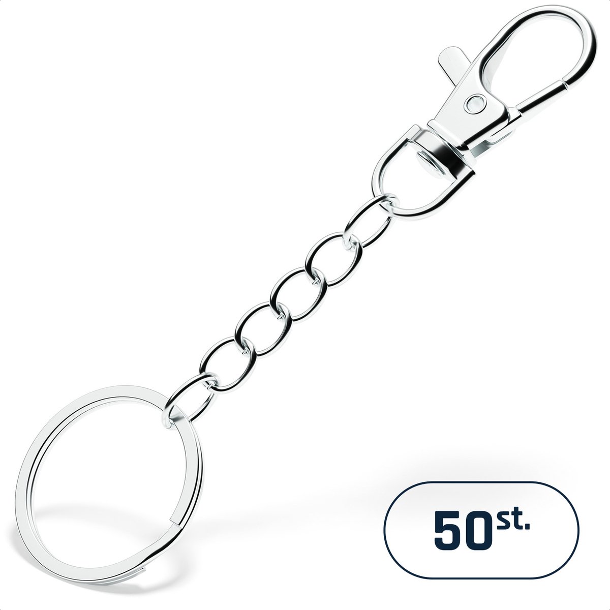 Sleutelhanger, sleutelringen met karabijnhaak – platte sleutelring 24 mm met karabijnhaak, splitringen en ketting – 50 stuks – RVS