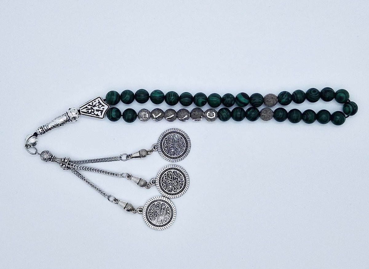 Handgemaakte naam tasbih 33 Kralen Natuursteen “ Malachiet” - met metaal tassel “Constantinopel