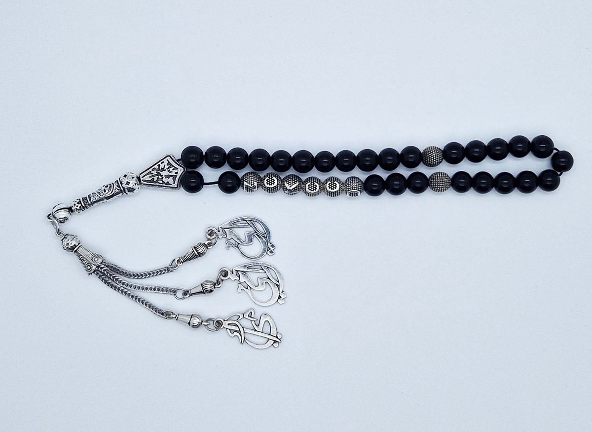 Handgemaakte naam tasbih 33 Kralen Natuursteen “Obsidian” - met metaal tassel “Mijn moeder