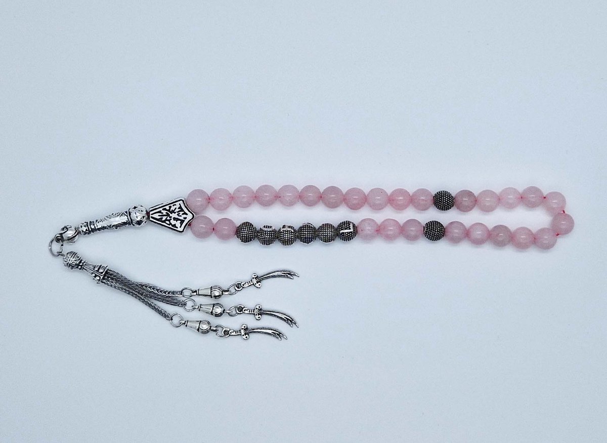 Handgemaakte naam tasbih 33 Kralen Natuursteen “Roze kwartz” - met metaal tassel “Zwaarden