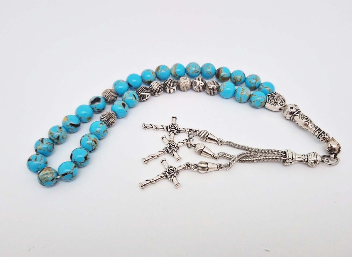 Handgemaakte naam tasbih 33 Kralen Natuursteen “Turkoois Bakeliet” - met metaal tassel- Met je naam of de naam van uw geliefde- 8 mm diameter van de korrel