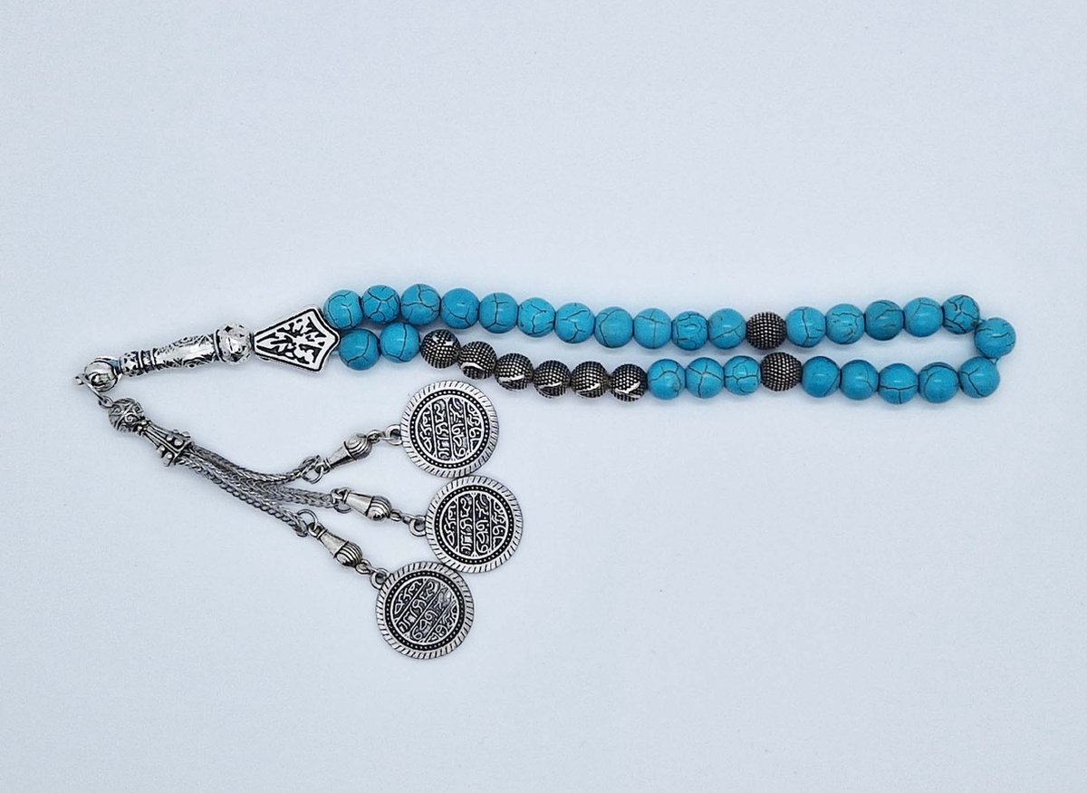 Handgemaakte naam tasbih 33 Kralen Natuursteen “Turkoois” - met metaal tassel “Constantinopel
