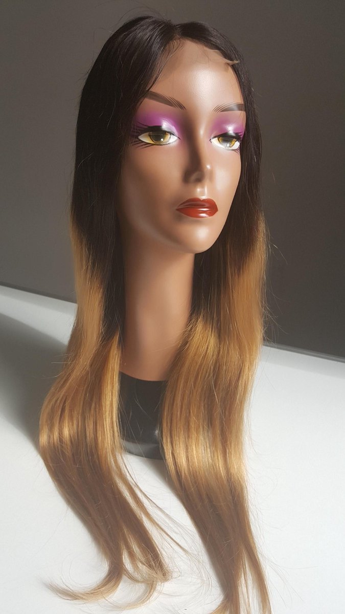 Braziliaanse Remy haren pruik 24 inch 60,8 cm) - real human hair - 1b/27 donkerbruine uitgroei en blonde recht haren - Braziliaanse pruik - echt menselijke haren - met kleine (