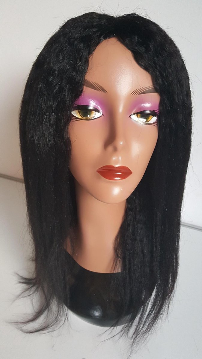 Braziliaanse Remy pruik - donkerbruine kinky rechte pruik 18 inch - real human hair - echte menselijke haren - none lace wig