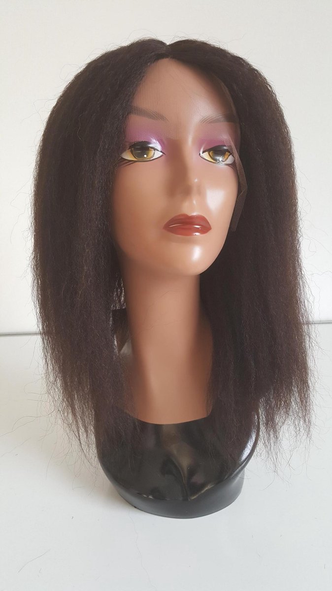 Braziliaanse Remy pruik - donkerbruine kinky rechte pruik 18 inch - real human hair - echte menselijke haren