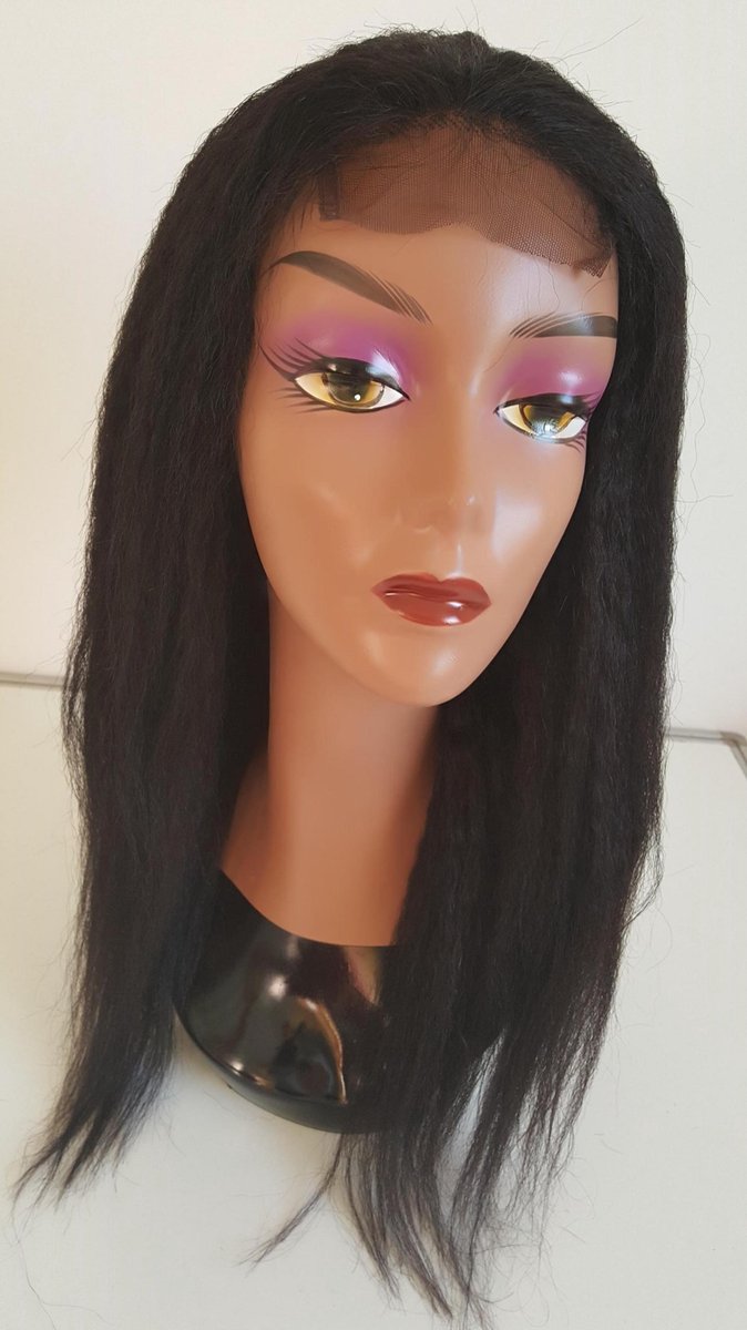 Braziliaanse Remy pruik - donkerbruine kinky rechte pruik 20 inch - real human hair - echte menselijke haren - Braziliaanse pruik - Braziliaanse haren - met kleine (