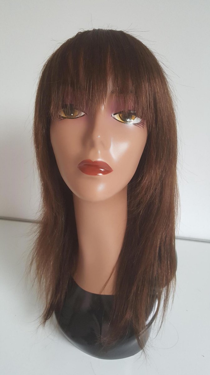 Braziliaanse Remy pruik 16 inch - licht bruine rechte pruik met pony - Braziliaanse pruik - Braziliaanse haren - real human hair -  echte menselijke haren - none lace pruik