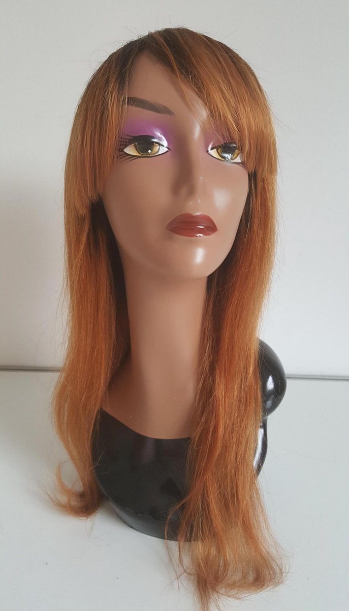 Braziliaanse Remy pruik 18 inch - donkerbruine en kastanjebruine rechte pruik met pony - Braziliaanse pruik - Braziliaanse haren - real human hair -  echte menselijke haren - none lace pruik