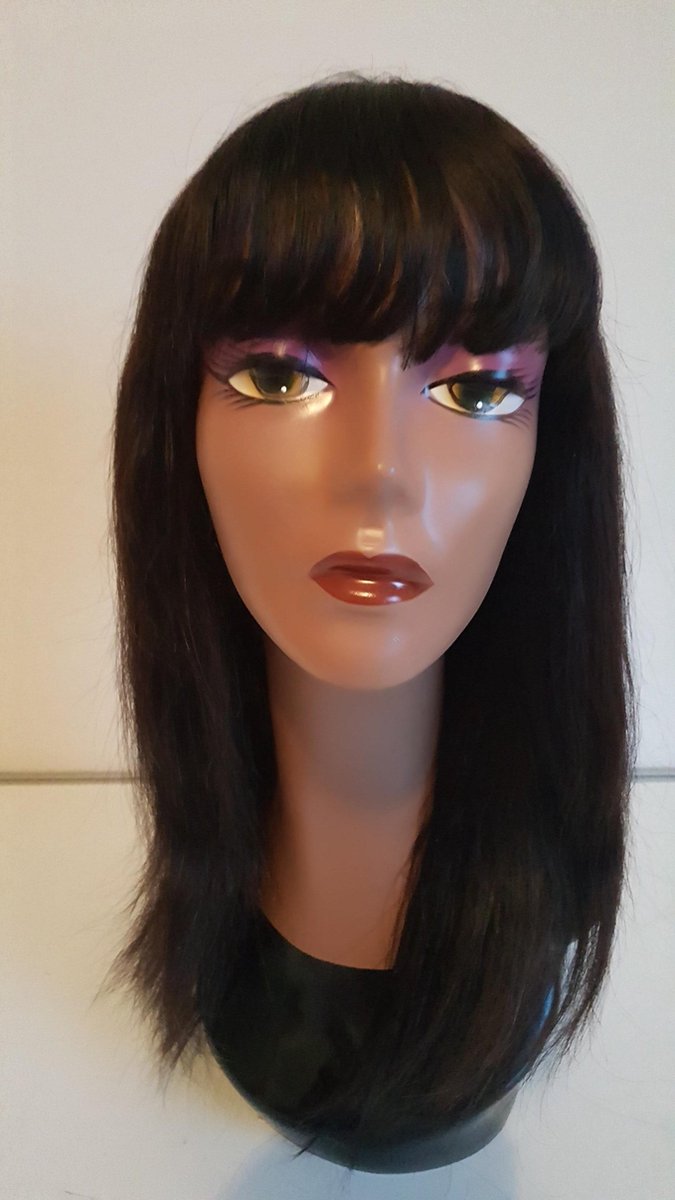 Braziliaanse Remy pruik 18 inch - donkerbruine rechte pruik met pony - Braziliaanse pruik - Braziliaanse haren - real human hair - echte menselijke haren - none lace pruik