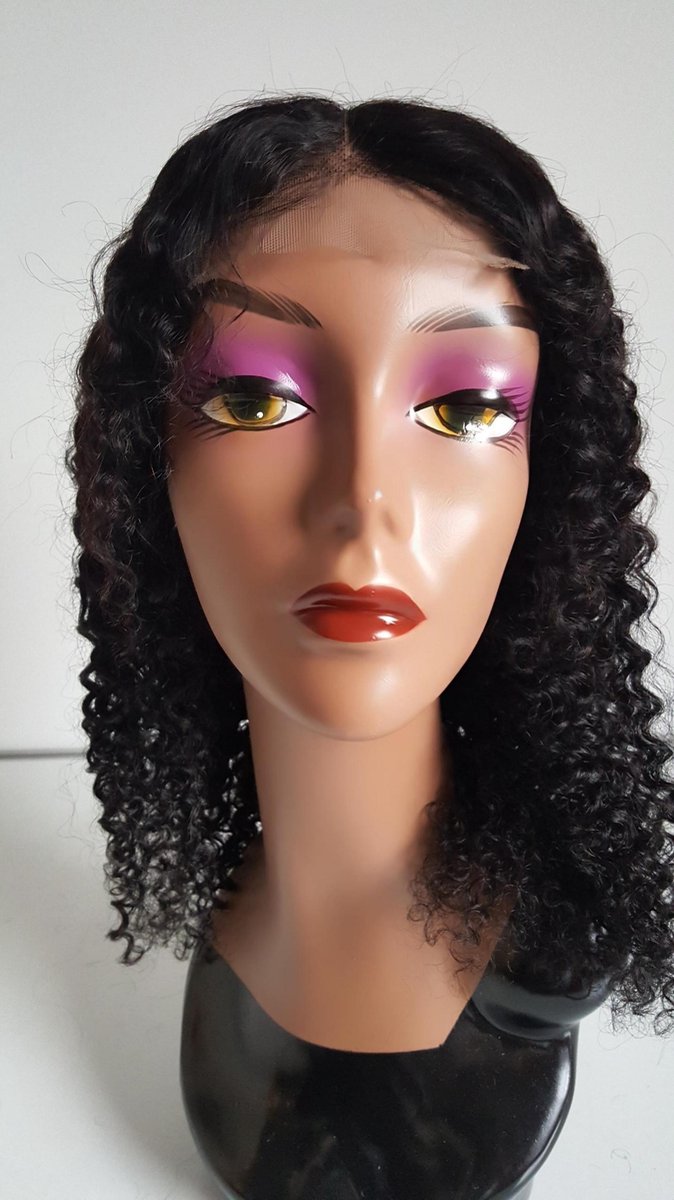 Braziliaanse pruik 16 inch - real human hair - natuurlijke donkerbruine kinky krullen - Braziliaanse pruik - echt menselijke haren - met kleine (