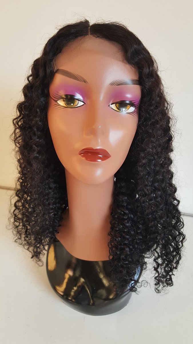 Braziliaanse pruik 18 inch - real human hair - natuurlijke donkerbruine kinky krullen - Braziliaanse pruik - echt menselijke haren - met kleine (