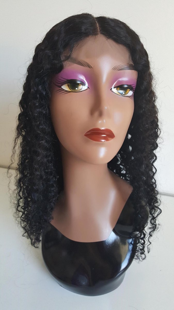 Braziliaanse pruik 20 inch - real human hair - natuurlijke donkerbruine kinky krullen - Braziliaanse pruik - echt menselijke haren - met kleine (