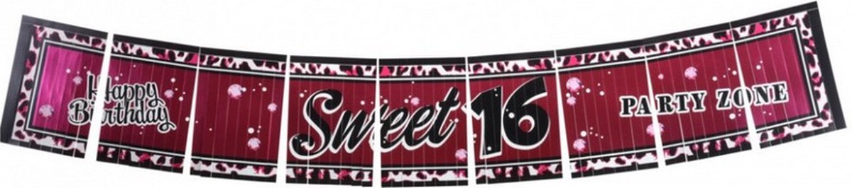 banner Sweet Sixteen 150 x 25 cm papier zwart/roze