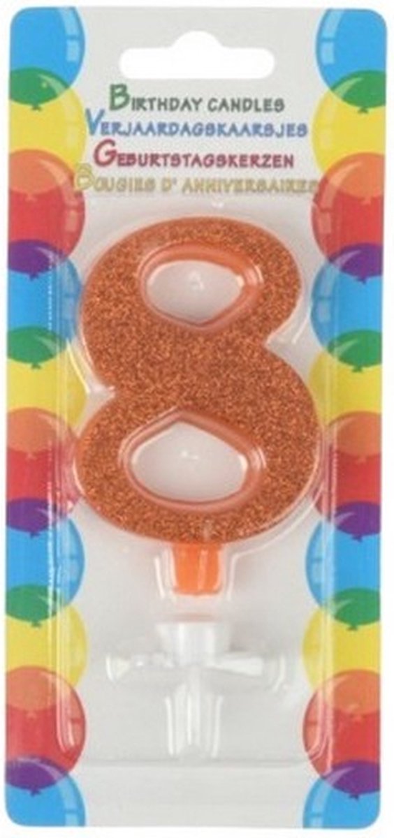 verjaardagskaars glitter 8 jaar 17,5 cm wax oranje