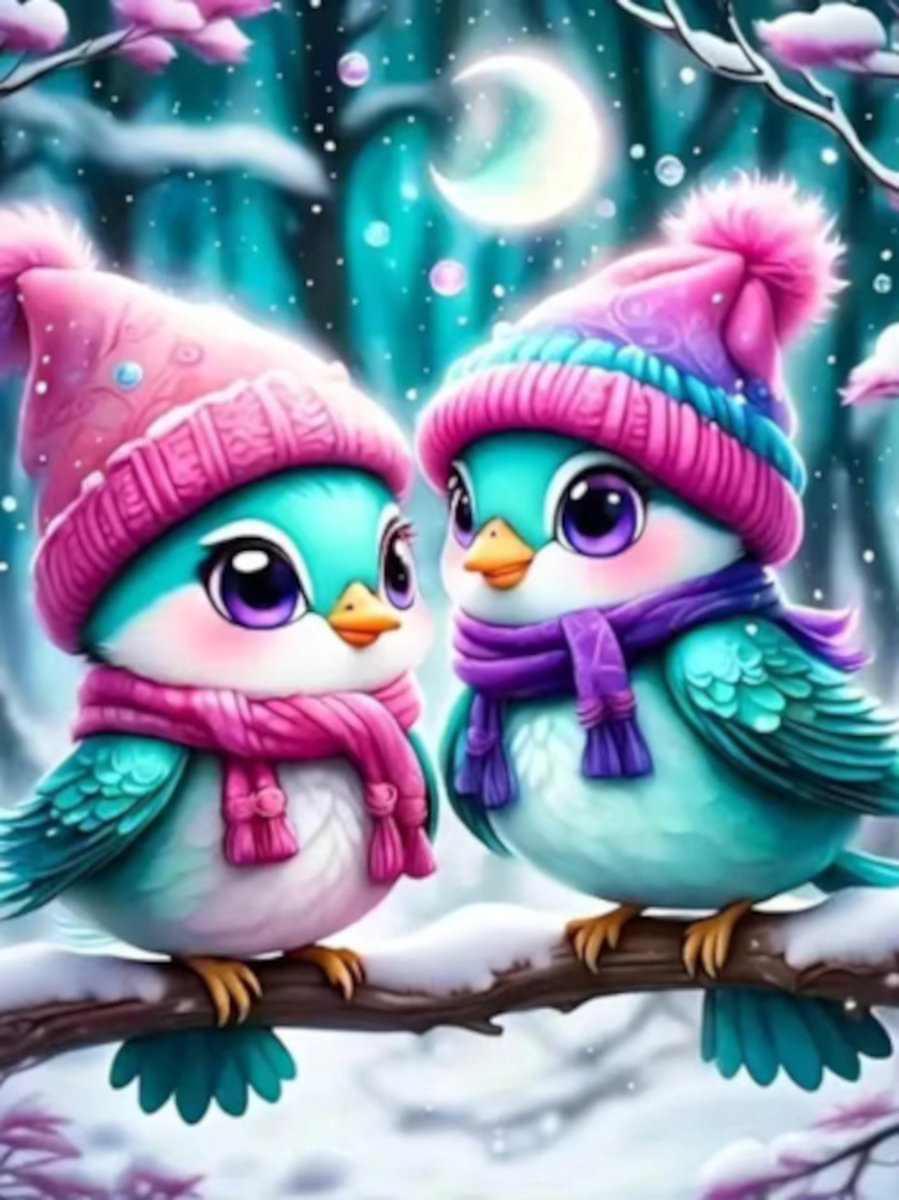 Diamond painting Winter vogels nacht 30x40cm vierkante steentjes