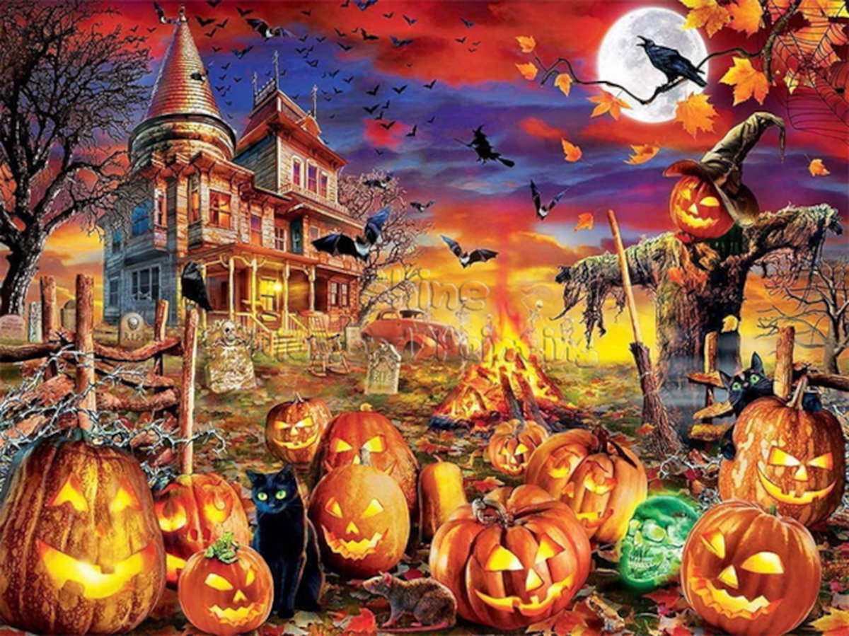 Diamond painting halloween spookhuis pompoenen 30x40cm vierkante steentjes