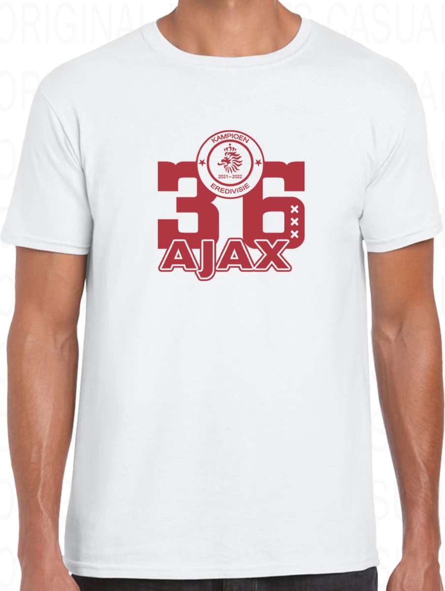 AJAX KAMPIOENSSHIRT heren - Wit - Maat 3XL - Korte mouwen - Ronde hals - Regular Fit - Landstitel 36e keer - Original Kwoots - Eredivisie voetbal KNVB - Seizoen 2021 / 2022