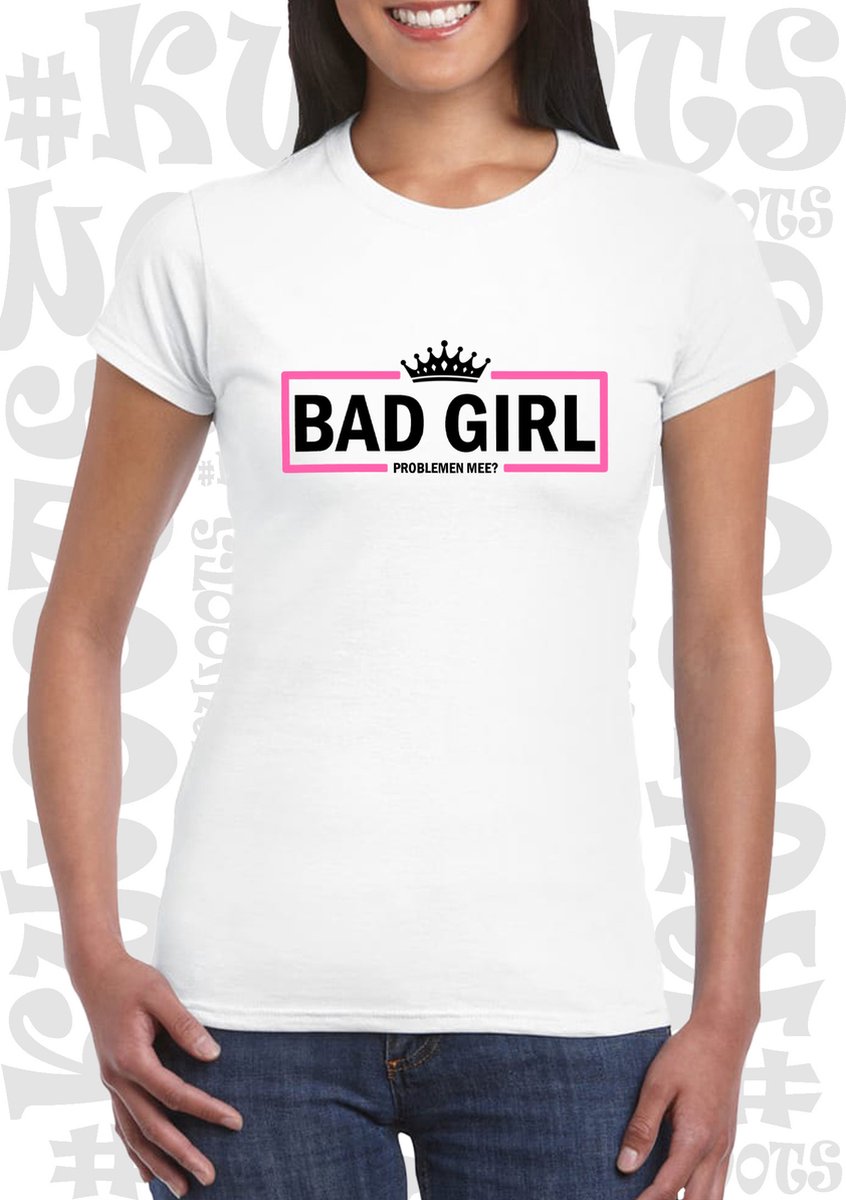 BADGIRL PROBLEMEN MEE? damesshirt – Wit met zwart & roze - Maat XL - korte mouwen - Ronde hals - Grappige teksten & Designs - quotes - kwoots - humor - Aansluitende zijnaden