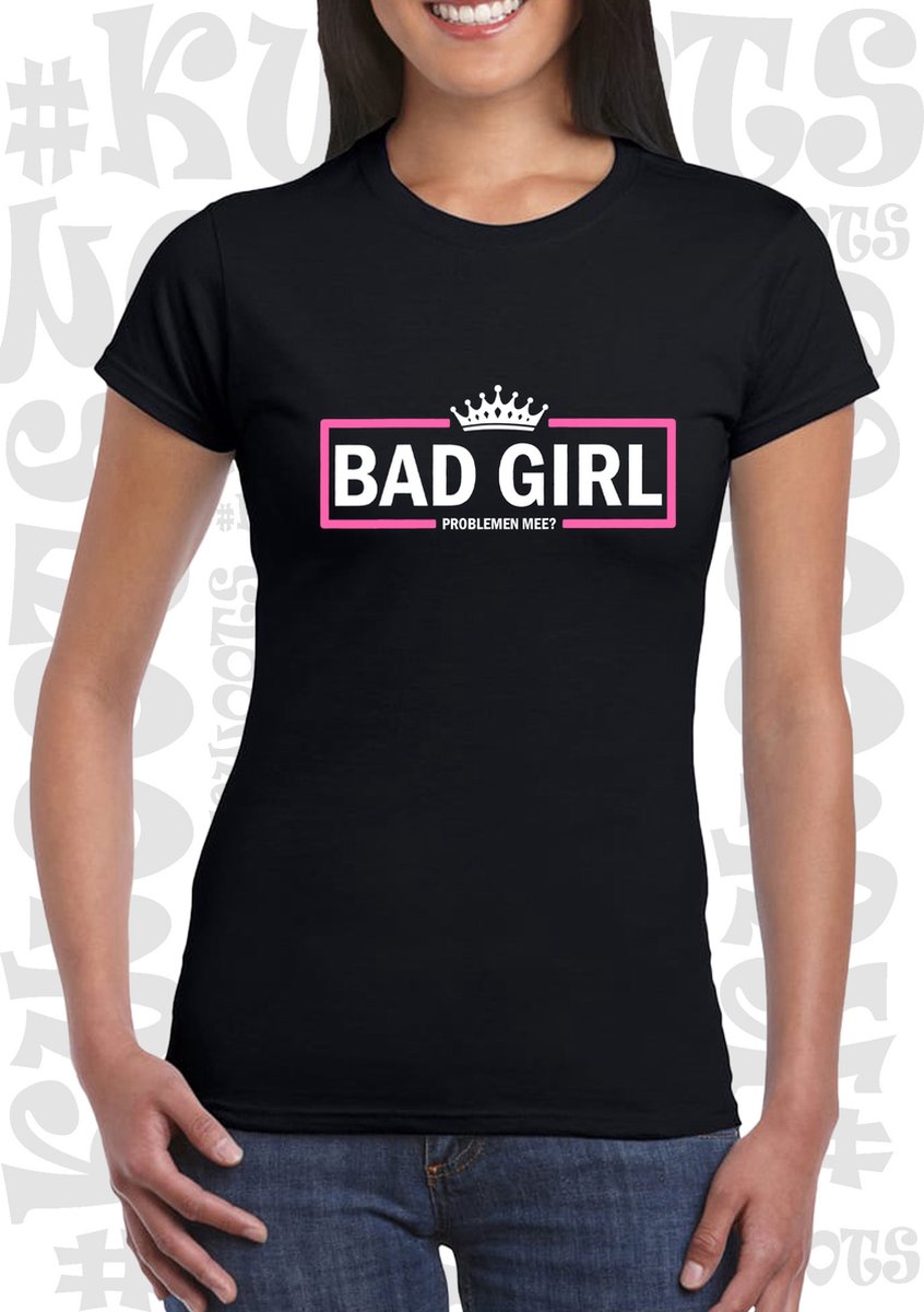 BADGIRL PROBLEMEN MEE? damesshirt – Zwart met wit & roze - Maat M - korte mouwen - Ronde hals - Grappige teksten & Designs - quotes - kwoots - humor - Aansluitende zijnaden