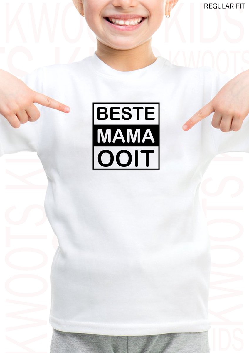 BESTE MAMA OOIT kids t-shirt - Wit - Maat 104 - Korte mouwen - Ronde hals - Regular Fit - Unisex - Leuke shirtjes - Original Kwoots - Moederdag - Verjaardag - Kraam cadeau - Voor zowel jongens als meisjes