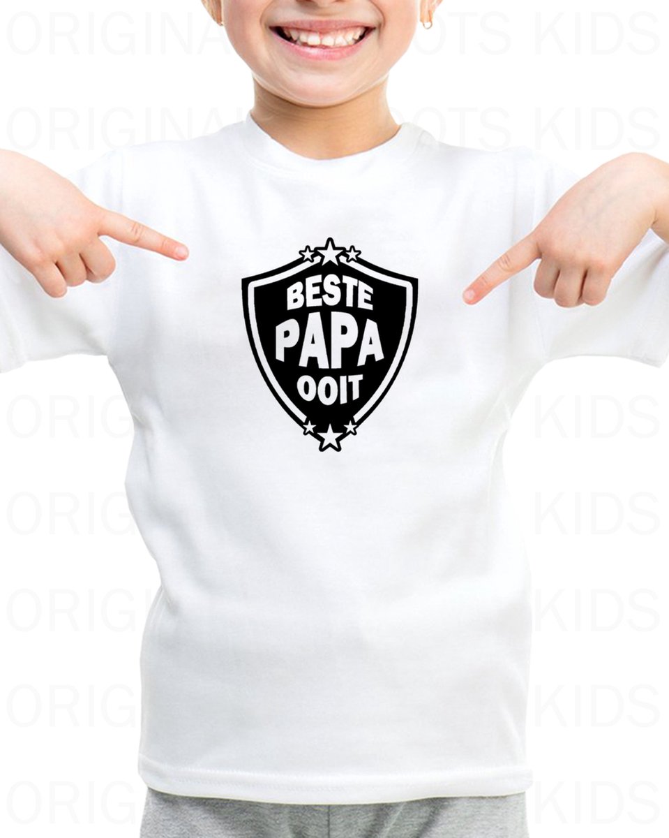 BESTE PAPA OOIT unisex kids t-shirt - Wit - Maat 104 - Korte mouwen - Ronde hals - Regular Fit - Leuke shirtjes - Original Kwoots - Vaderdag - Verjaardag - Kraam cadeau - Voor zowel jongens als meisjes