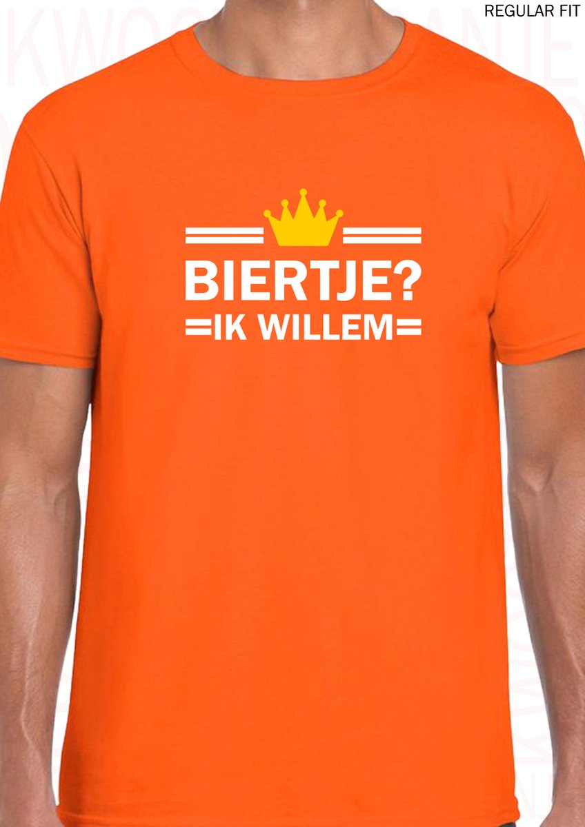 BIERTJE? IK WILLEM heren t-shirt - Oranje met wit - Maat 3XL - Korte mouwen - Ronde hals - Regular Fit - Koningsdag - Original Kwoots - Lang leve de Koning - Grappige oranje shirt