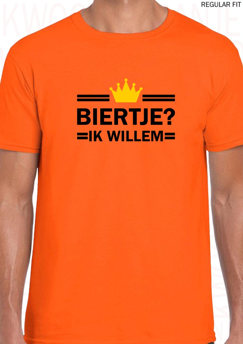 BIERTJE? IK WILLEM heren t-shirt - Oranje met zwart - Maat L - Korte mouwen - Ronde hals - Regular Fit - Koningsdag - Original Kwoots - Lang leve de Koning - Grappige oranje shirt