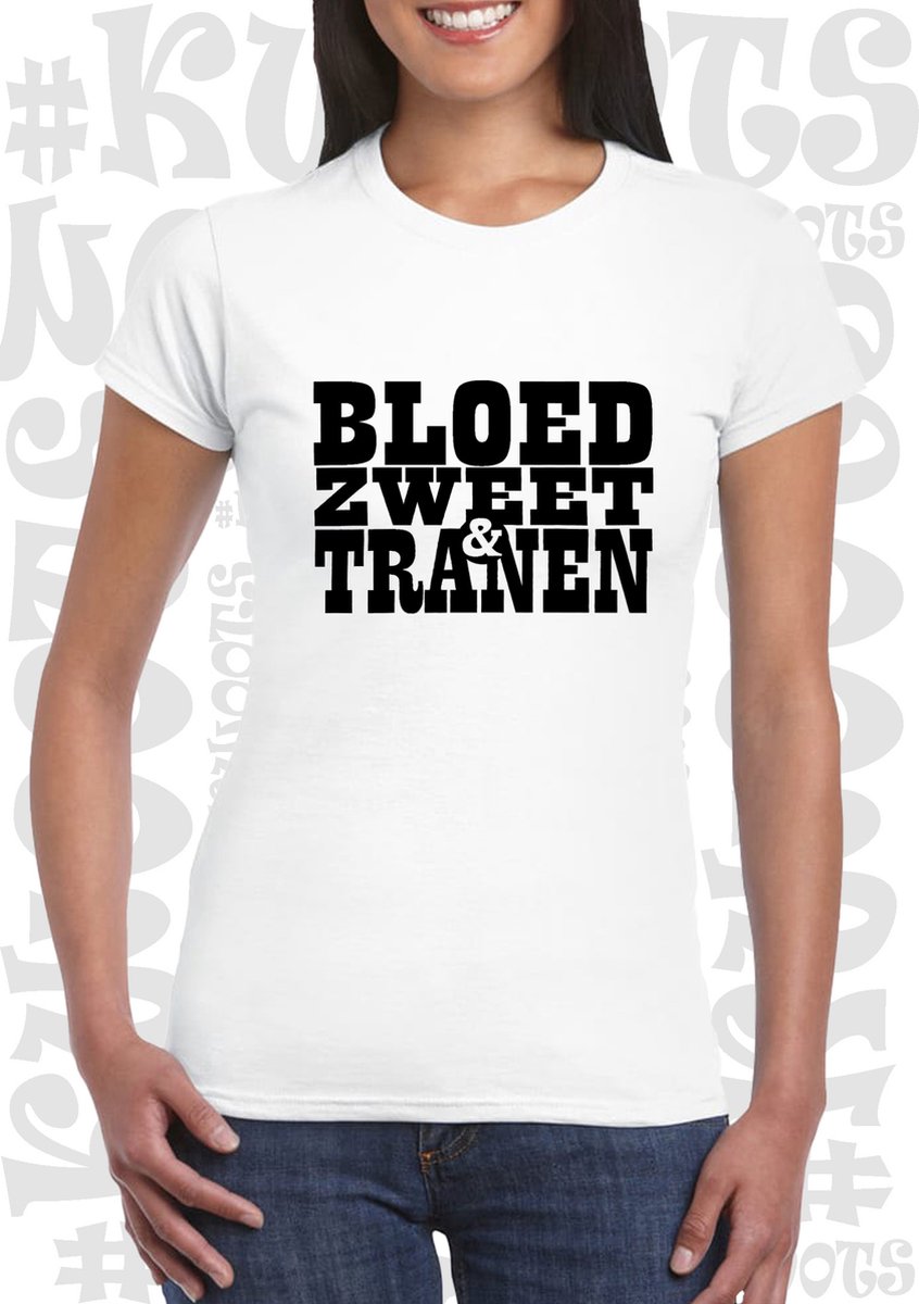 BLOED, ZWEET & TRANEN damesshirt - Wit - Maat L - Korte mouwen - Ronde hals - Slim Fit - Andre Hazes - Holland zingt Hazes - Quotes - Kwoots - Meezingen met klassiekers