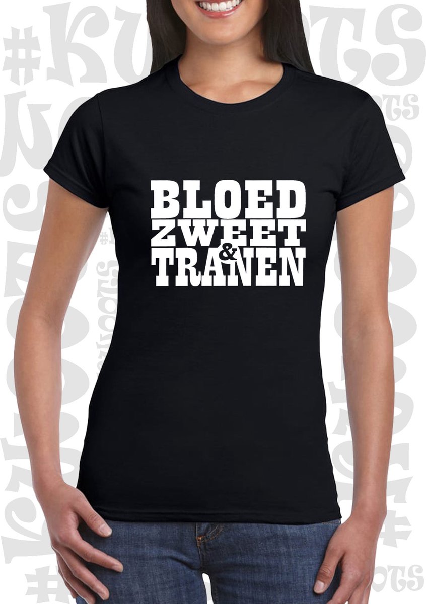 BLOED, ZWEET & TRANEN damesshirt - Zwart - Maat L - Korte mouwen - Ronde hals - Slim Fit - Andre Hazes - Holland zingt Hazes - Quotes - Kwoots - Meezingen met klassiekers