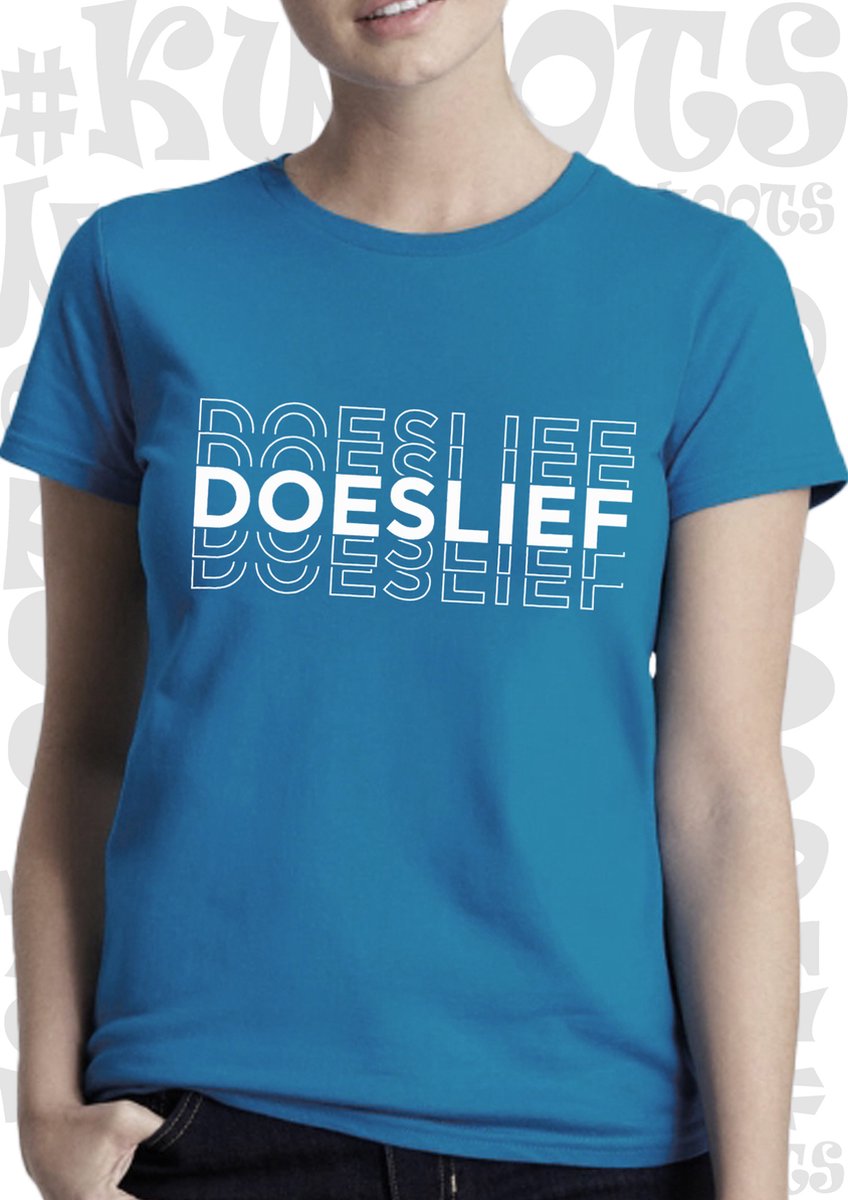 DOESLIEF dames shirt – Azuur blauw met wit - korte mouw - Maat L - grappige teksten - quotes - kwoots - humor - Tekst shirt - Slim Fit