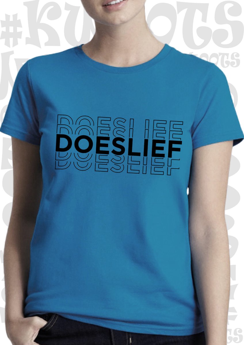 DOESLIEF dames shirt – Azuur blauw met zwart - korte mouw - Maat M - grappige teksten - quotes - kwoots - humor - Tekst shirt - Slim Fit