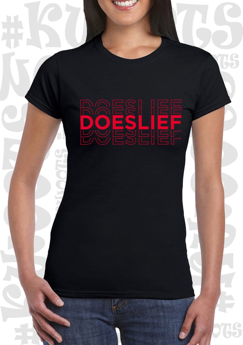 DOESLIEF dames shirt – Zwart met rood - korte mouw - Maat XS - grappige teksten - quotes - kwoots - humor - Tekst shirt - Slim Fit