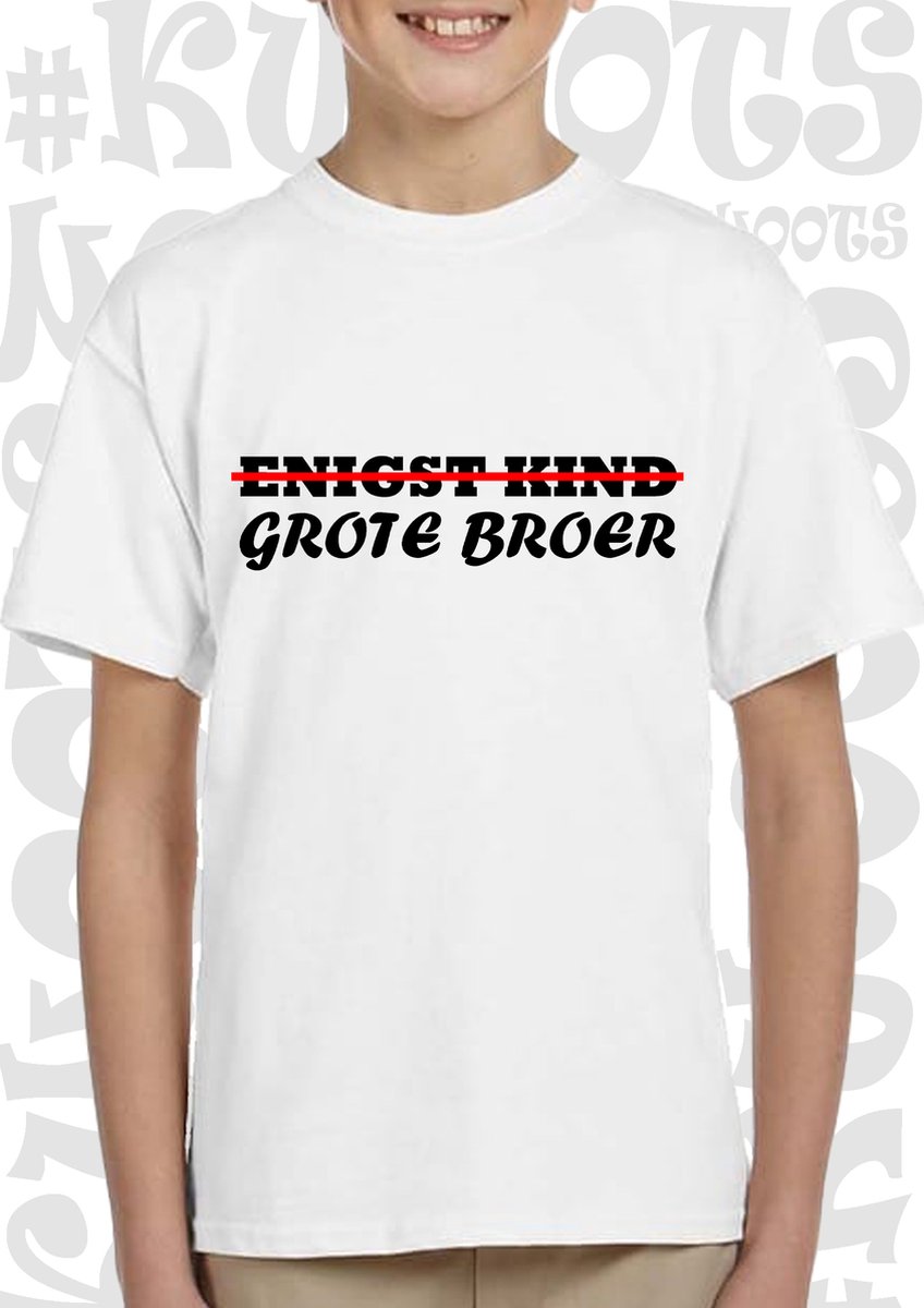 ENIGST KIND GROTE BROER kids t-shirt - Wit - Maat 104 - Korte mouwen - Ronde hals - Big brother - Bekendmaking baby - Aankondiging zwangerschap